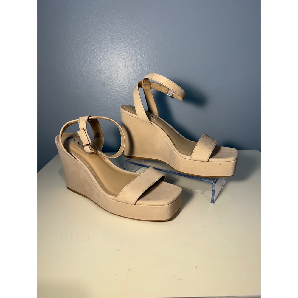 Antonio Melani Beige Platform Wedge Sandals Square Toe Ankle Strap Womens 9.5M